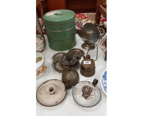 A mixed lot including bell, silver plate &amp; enamel chamber sticks etc. COLLECT ONLY