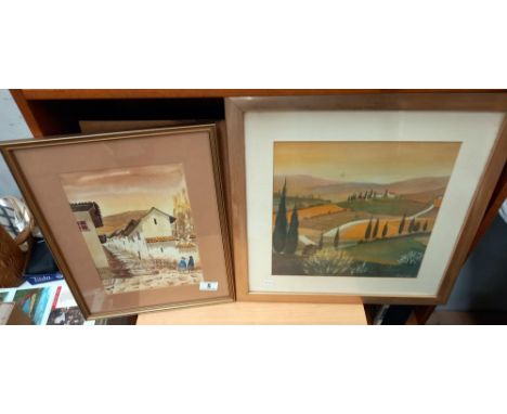 A gilt framed water colour of a Mediterranean street scene and a print of countryside 