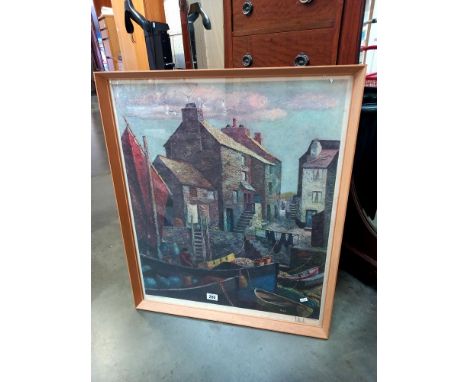 A framed and glazed print entitled 'The Yellow Boat Polperro' by Tom Morton, 65 x 77 cm COLLECT ONLY 