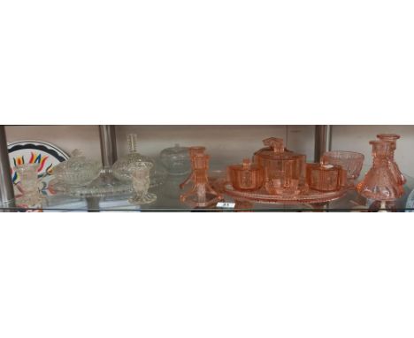 An art deco pink glass dressing table trinket set &amp; 1 other COLLECT ONLY