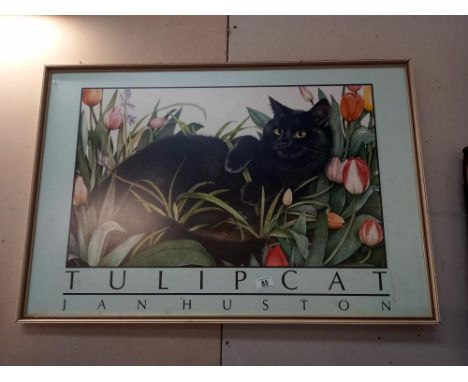 A large framed print of a black cat Tulip cat Jan Hurston COLLECT ONLY