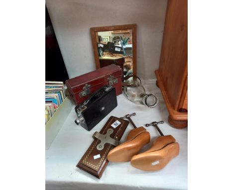 A cased cine Kodak model K, a cine camera, old tie press, shoe stretchers &amp; wine carafe etc. COLLECT ONLY