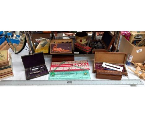 A vintage chess set, draughts &amp; dominoes etc including boxed Hohner super chromonica harmonica geometry set etc.