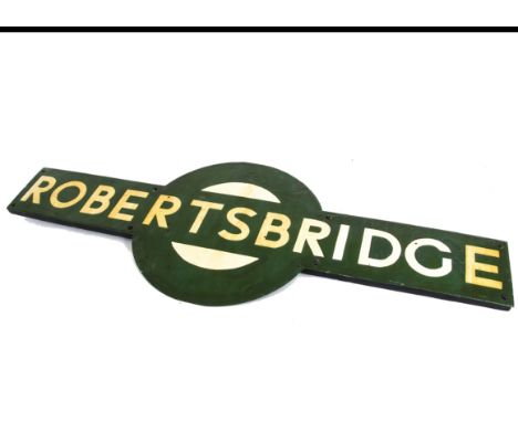 A&nbsp; Southern Region Target Station Sign 'Robertsbridge', an enamelled original station sign, white lettering on a green g