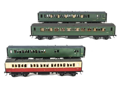 Four Gauge I Finescale BR (SR) Corridor Coaches by Various Makers, three in Southern Region green, brake/3rd no S6523S, Mauns