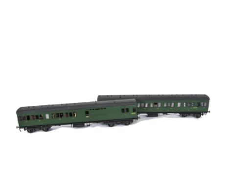 A Gauge I Finescale BR (EX-LSWR) Two-car Pull-Push Set, finished in BR (SR) green as driving brake/3rd no S3070S and 1st/3rd 