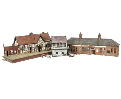 Scratch- and Kit-built Finescale O Gauge Buildings and Scenic Accessories,  including two station buildings, one in red-brick