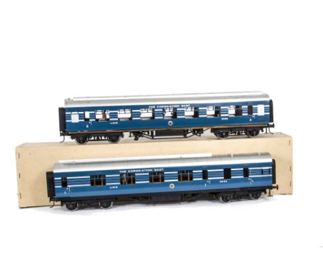 A 9-coach Rake of Gauge I Finescale 'Coronation Scot' Coaches, by unknown maker, finished in silver-lined blue livery, with i
