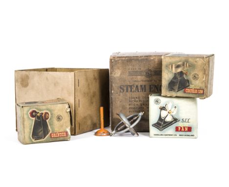 Boxed Accessories for Stationary Engines by Signalling Equipment Ltd (SEL), comprising Model Fan, Circular Saw and Grinder, a