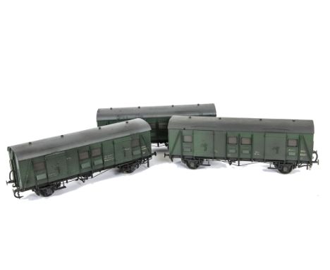 Three Gauge I Finescale BR (Southern Region) 4-wheel PMV/CCT Vans, all in weathered BR(SR) green, PMV's nos S1607 and S1284S,