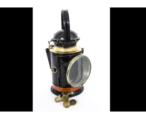 GWR Signal Lamp Whistle and Buttons, a repainted  lamp marked G Polkey LTD 1945 Birmingham GWR with brass burner marked BR (W