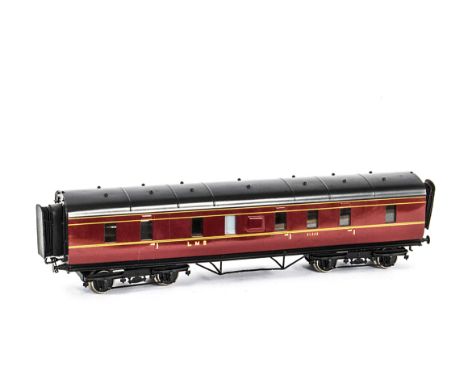 A Late Exley O Gauge LMS Full Brake Coach, in LMS crimson as no 31333, G-VG, light scratch to one side, slight damage to trus