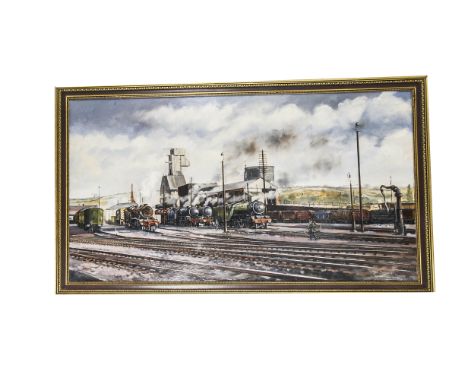 A Terry Shelbourne Oil on Canvas, framed, depicting  engine sheds and a range of steam locomotives, including a V2 freight tr
