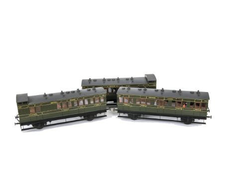 Three Gauge I Finescale Southern Railway 4-wheel Coaches, all in lined SR green, as 'birdcage' brake/3rd's nos 130 and 149, w