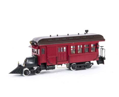 A Delton Locomotive Works G Scale Mack Railcar, stock ref 2264-R, in un-lettered red/black livery, VG-E, in original box, box