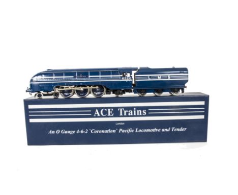 An ACE Trains O Gauge Type E12A 'Coronation' Streamlined Pacific Locomotive and Tender, in silver-lined LMS blue livery as no