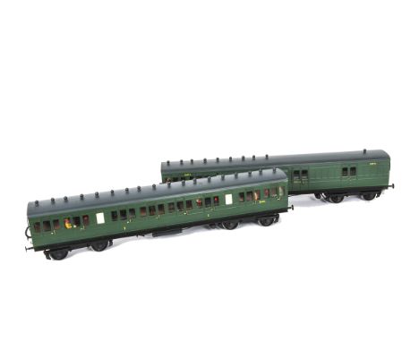 Two Gauge I Finescale BR (EX-LSWR) Non-Corridor Coaches, possibly by J&amp;M Models, finished in BR (SR) green as 1st/3rd cla