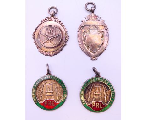 Two silver fobs and two enamel Printing & Allied Trades Charity SA fobs, one inscribed to reverse S & D B H R L Winners 1946-