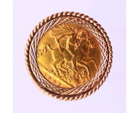 A 1905 half sovereign in a 9 ct gold ring setting. Ring size N/O. 9.1 grammes total weight.