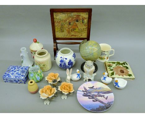 Two boxes of china including a 19th century table screen and vintage globe and figurines.