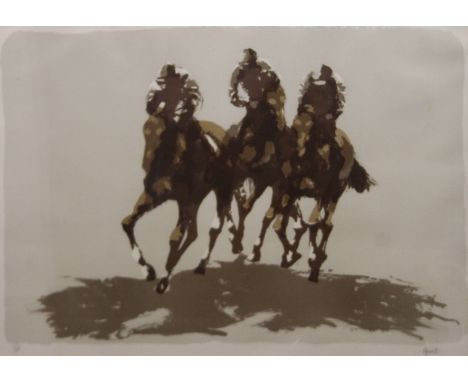 PETER HOWELL (born 1932) British, The Last Furlong - Three Racehorses with Jockeys, print, signed and number 157/200 in penci