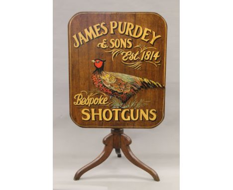 A 19th century oak tilt top tripod table, painted with a pheasant and inscribed James Purdey & Sons est 1814 Bespoke Shotguns