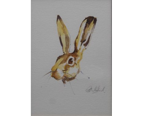 A Portrait of a Brown Hare, watercolour, indistinctly signed, framed and glazed. 19.5 x 28.5 cm.