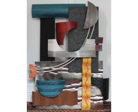 An abstract metal art wall hanging, initialled CC and dated 2007. 60 x 97 cm.