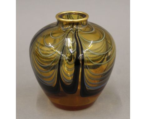 A smoked art glass vase with painted decoration. 13 cm high.