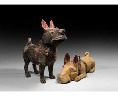 Han Dynasty, 206 BC-220 AD. A pair of ceramic dog figures, each wearing a harness and a securing loop, one standing with ears