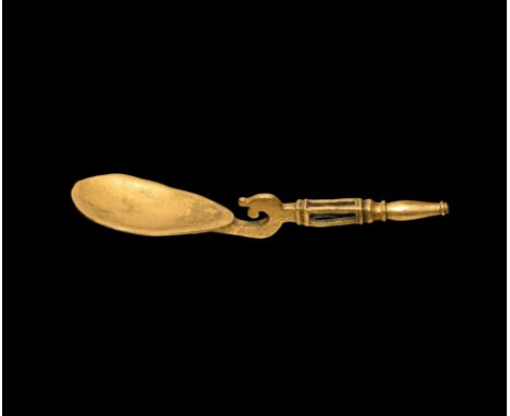 4th-5th century AD. A gold spoon with shallow piriform bowl, scrolled neck with lobes, hollow square-section handle with balu