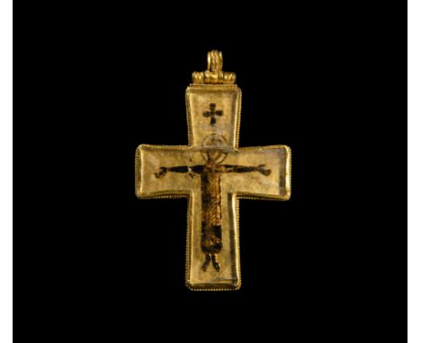 10th-11th century AD. A substantial gold pectoral cross pendant with ribbed and hinged loop, applied granule bands to the rim