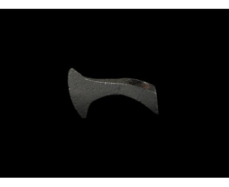 5th-8th century AD. A socketted triangular-section iron francisca axehead with broad curved cutting edge and elliptical socke
