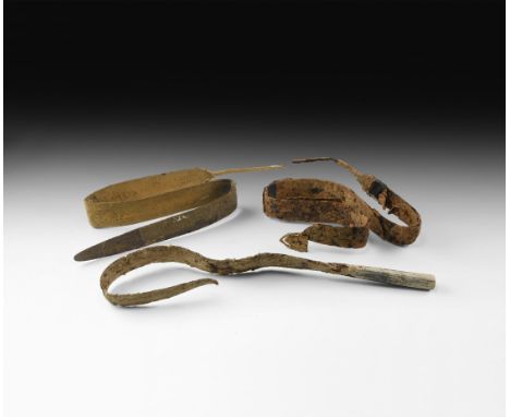 2nd-1st century BC. A group of three sacrificed iron weapons comprising: a spearhead with long leaf-shaped blade and tubular 