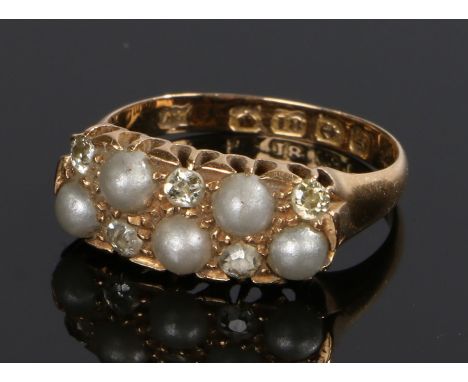 18 carat gold diamond and pearl ring, with five pearls and five diamonds to the head, ring size N 
