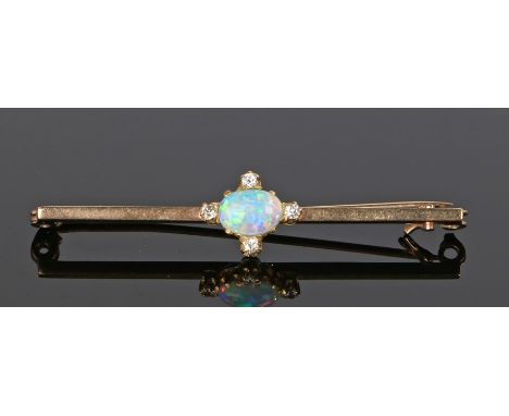 9 carat gold opal and diamond set brooch, the central opal with four diamonds to the surround, 50mm long, 3.4 grams
