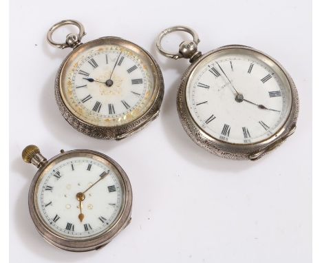 Three ladies English and Continental silver open face pocket watches, all with white dials and Roman  numerals, two key wound