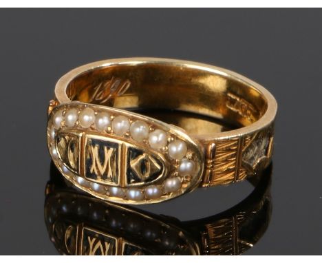 Victorian 15 carat gold mourning ring, with pearl and enamel to the head and shank and a personal inscription to the interior