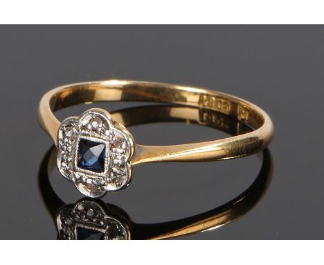 18 carat sapphire and diamond ring, with a square cut sapphire and diamond surround, ring size N