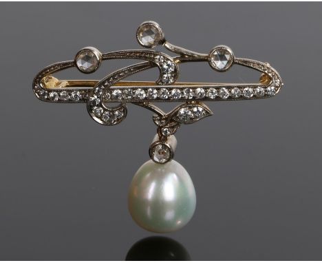Diamond and pearl set brooch, with diamonds to the bar and scrolls above the drop pearl, 41mm diameter 