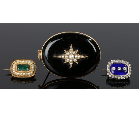 Three 19th Century brooches, to include a pearl set brooch with woven hair to the reverse, 47mm diameter, another with a gree