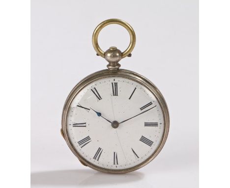 Continental silver open face pocket watch, the white enamel dial with Roman numerals, the caseback with vacant circular carto