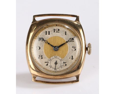 9 carat gold gentleman's wristwatch, the square arched case housing the silvered dial with Arabic hours and subsidiary second