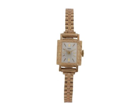 Tudor 9 carat gold ladies wristwatch, the signed silvered dial with gilt baton hours, manual wound, the case 15mm diameter, o