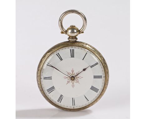 Continental silver gilt open face pocket watch, the white enamel dial with Roman numerals, the caseback with vacant shield sh