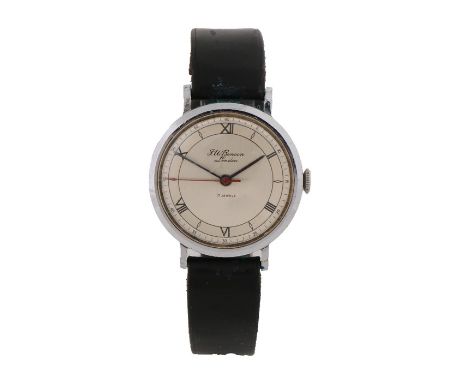J.W. Benson gentleman's stainless steel wristwatch, the signed silvered dial with Roman dial and outer Arabic track, manual w