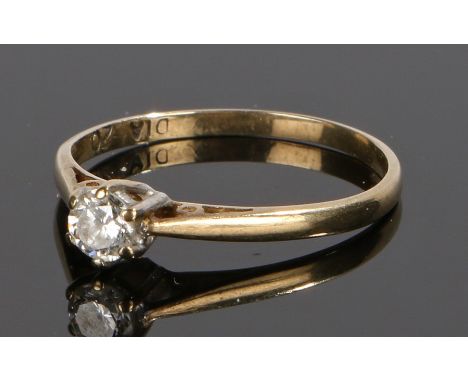 9 carat gold diamond set ring, with a round cut diamond at approximately 0.20 carat, ring size K