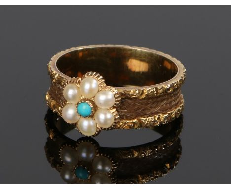 19th Century pearl and turquoise mourning ring, with a flower head and foliate edged shank, 2.2 grams, ring size I