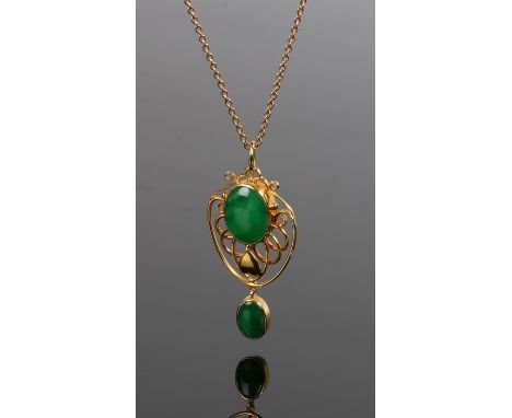 Art Nouveau natural jadeite pendant necklace, with cabochon cut green jade certificated, 20mm diameter 