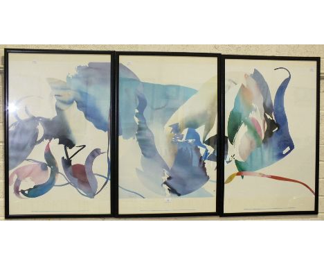 After Peter Kitchell, 'Human Limits', a triptych of abstract prints, each 97 x 62cm, together with a framed exhibition poster